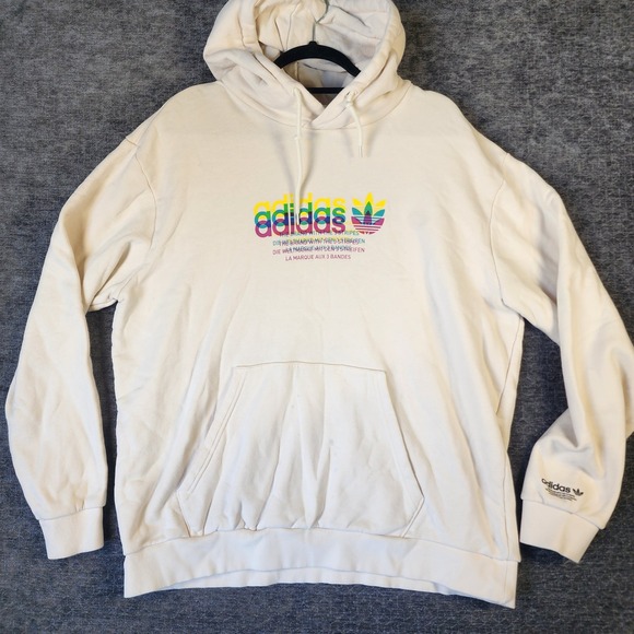 adidas Other - Adidas Hoodie Mens XL Cream Good Rainbow Trefoil Graphic Pullover Sweatshirt
